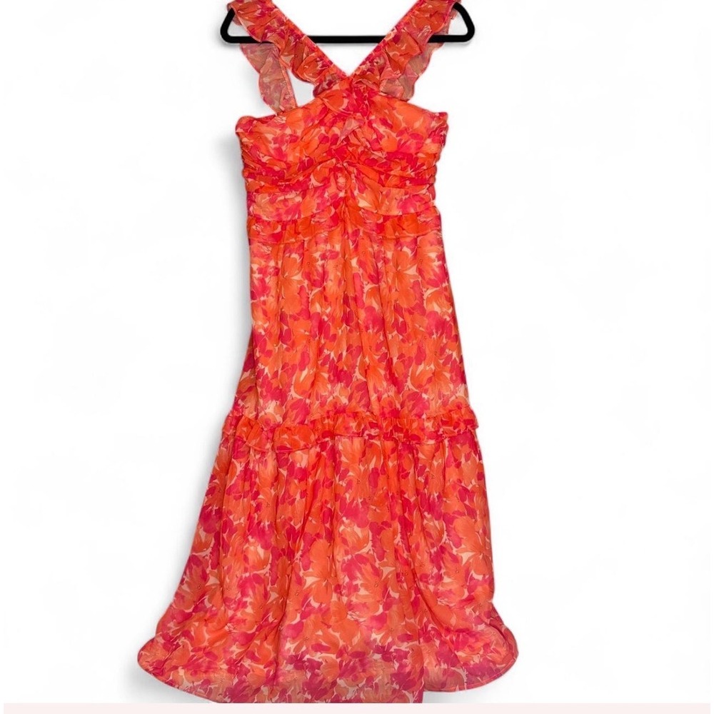 Grace Karin Floral Ruffle Midi‎ Dress Pink Orange Smocked Back Summer Wedding M